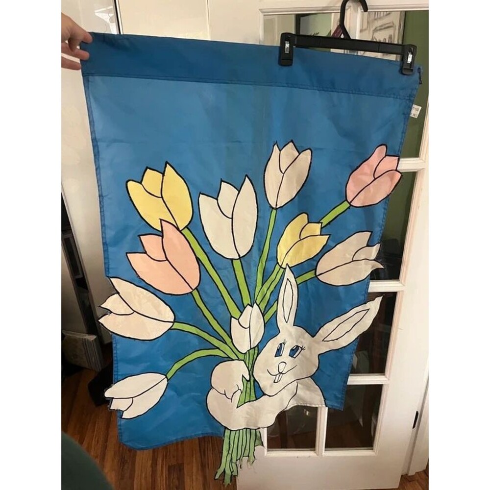 Easter Bunny and Tulips Garden Flag Vintage Applique Flag for Flag Pole